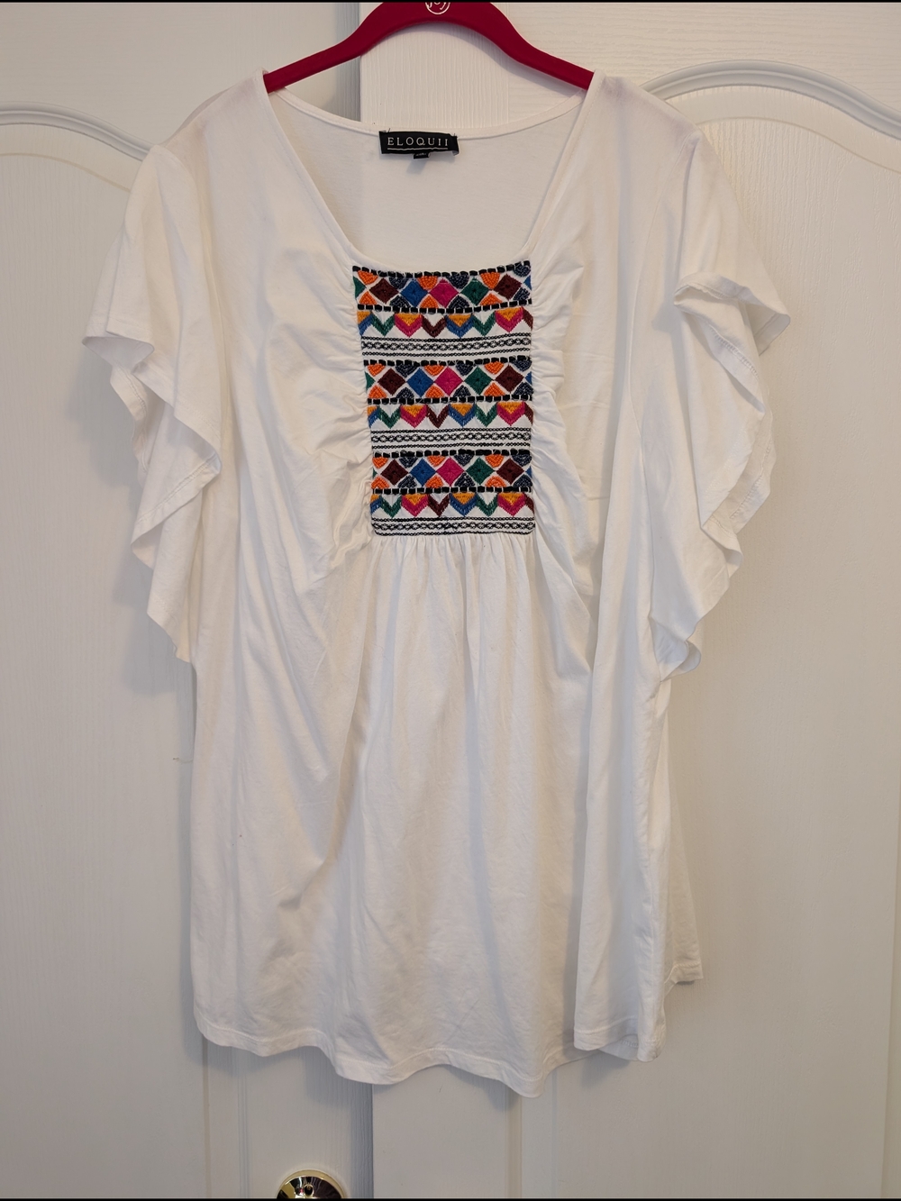 Eloquii White Embroidered Flutter-Sleeve Tunic Top